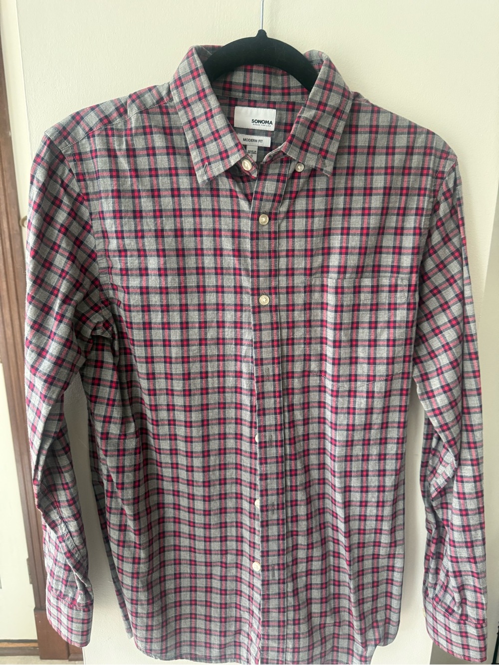 Sonoma Men's Gray and  Red Plaid Button-Down Shirt